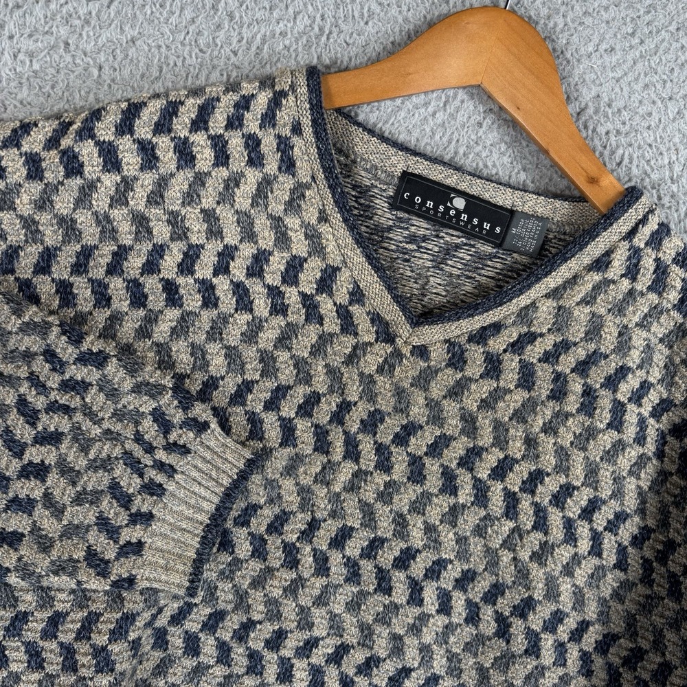 Vintage 90s Sweater Mens Medium 3D Knit V Neck Geometric Made USA